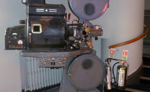 Vintage cinema projector on display at Everyman Cinema in Muswell Hill, London.