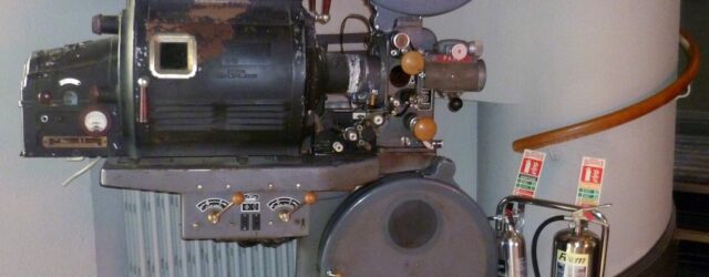 Vintage cinema projector on display at Everyman Cinema in Muswell Hill, London.